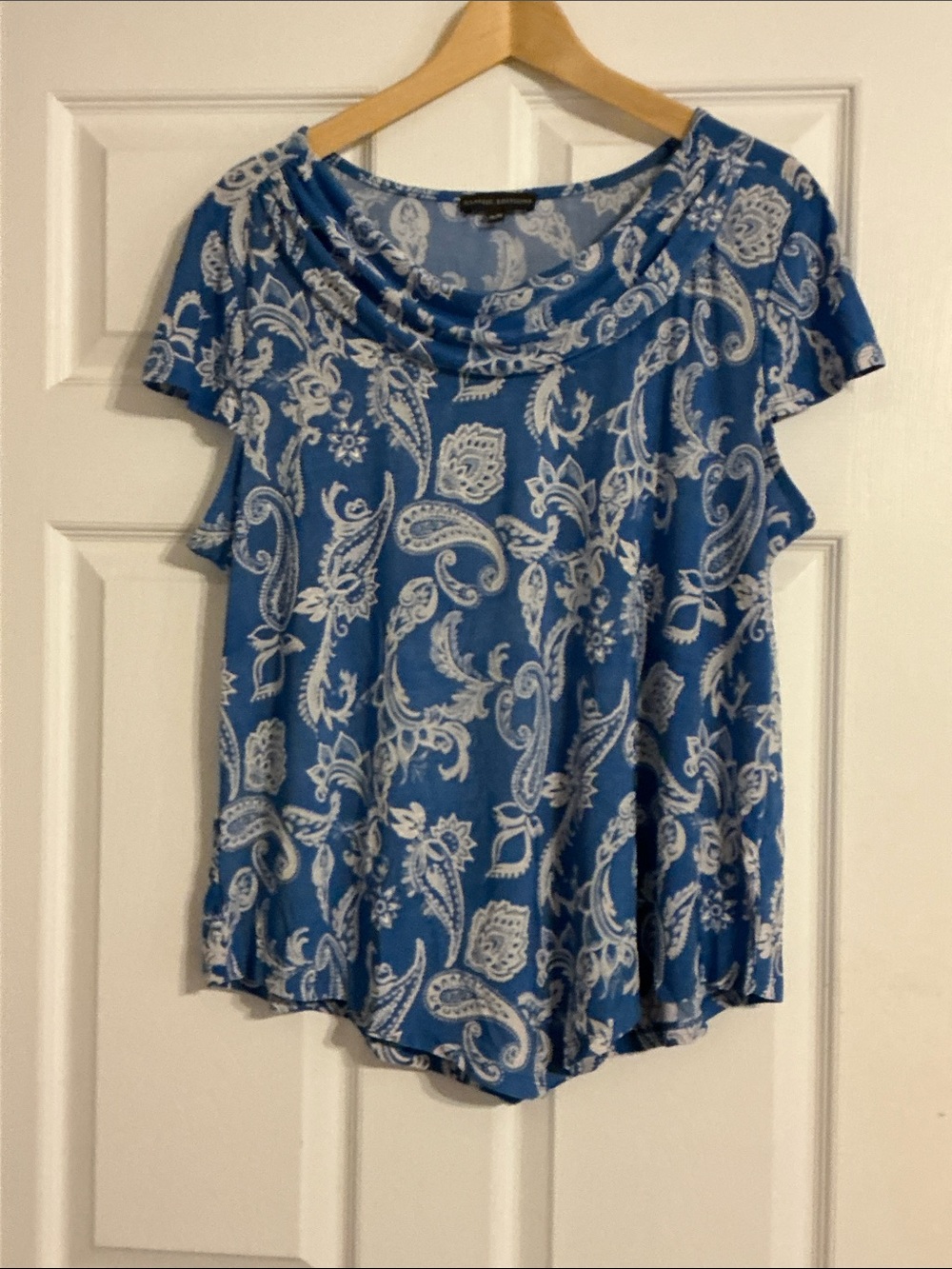 Blue Paisley Short-Sleeve Blouse with Draped Neckline